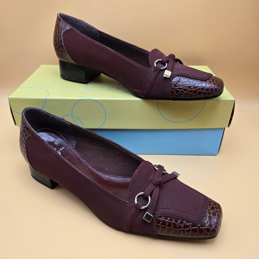 LifeStride Lure Burgundy Faux Croc Square Toe Low Block Heel Pumps Mens‎ 8N